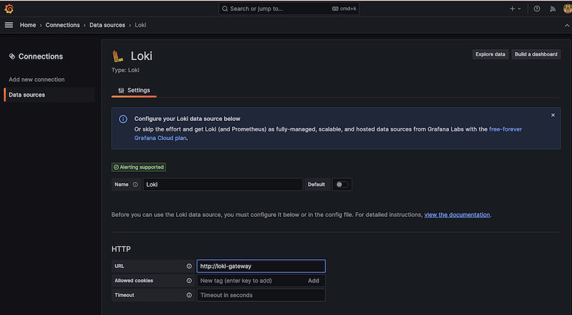 The Loki data source form with the connection URL set to http://loki-gateway