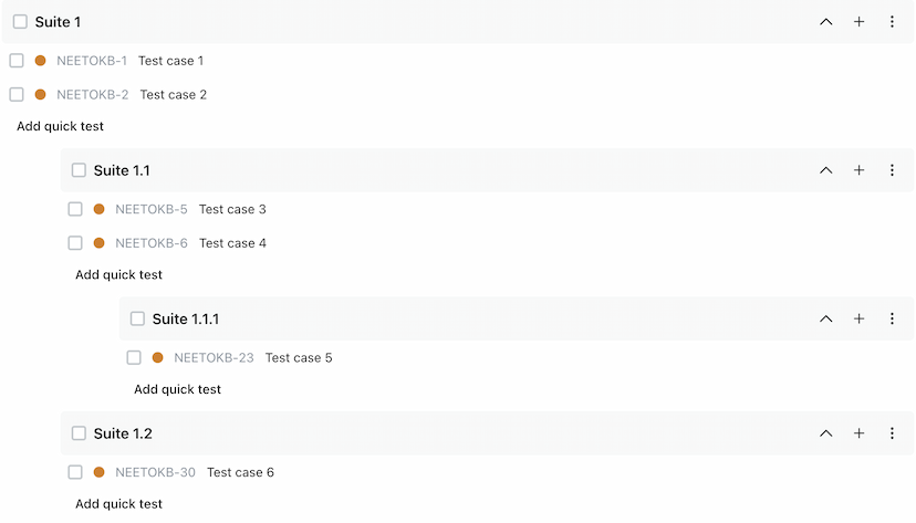 Suites displayed with their hierarchial structure in NeetoTestify