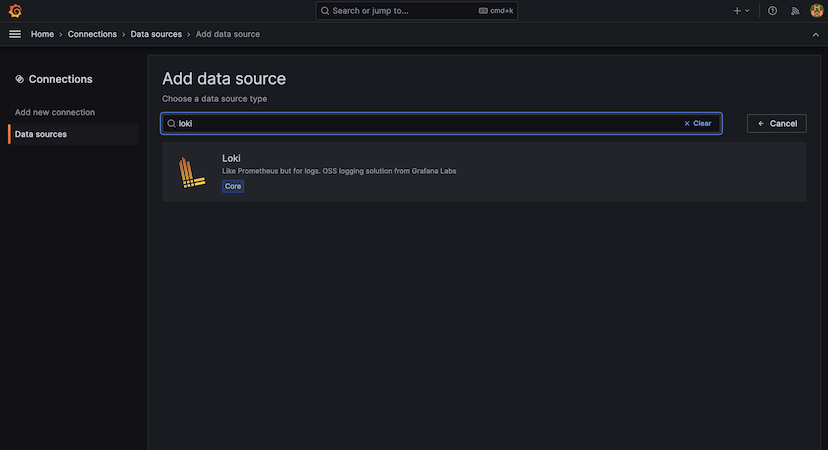 Search results for Loki on the Add data source page