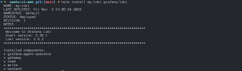 Terminal output from installing the Loki Helm chart