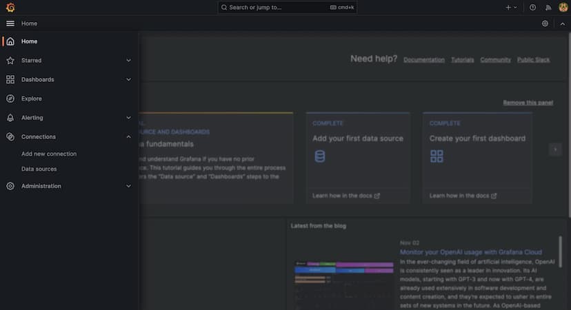 The Grafana home page, with the Data sources option listed under Connections
