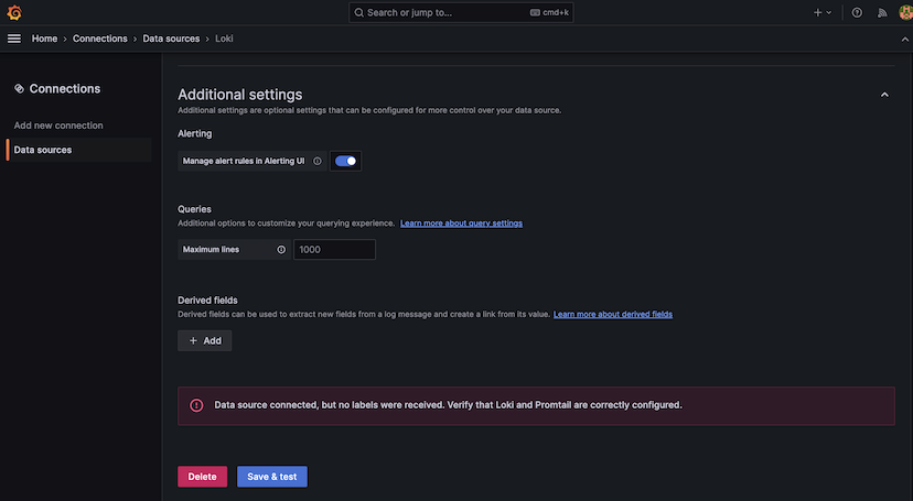 A Grafana toast reporting that no clients exist yet for the Loki data source